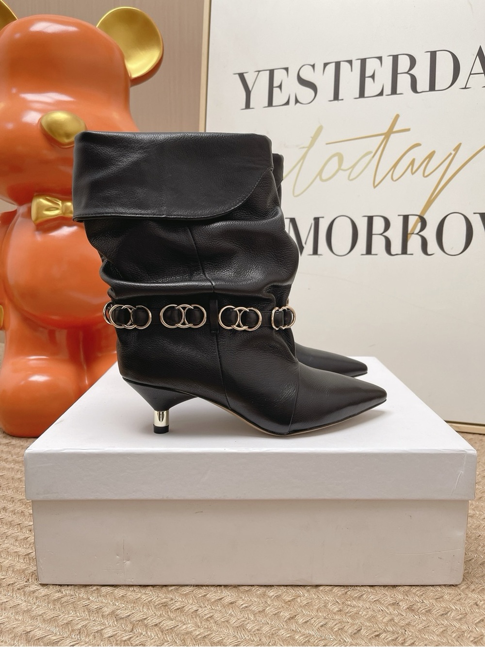 Isabel Marant Black Leather Slouch Ankle Boots with Gold Ring Chain
